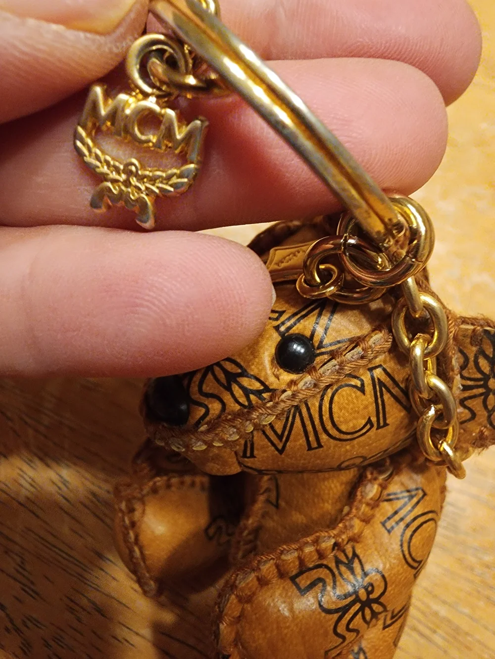 MCM Cognac Brown Leather Bear Keychain with Gold Hardware